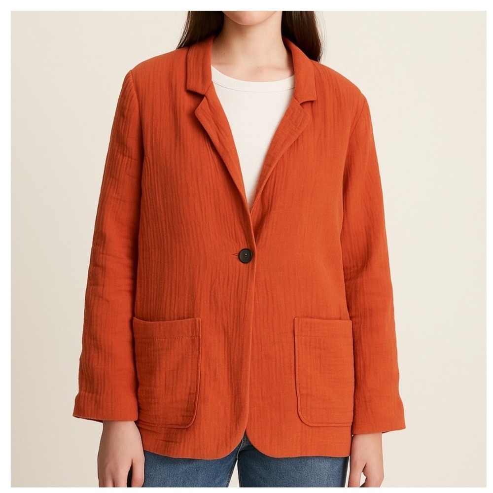 STOOSH Burnt Orange Cotton Gauze Blazer Jacket L Career Chic Boho Minimalist